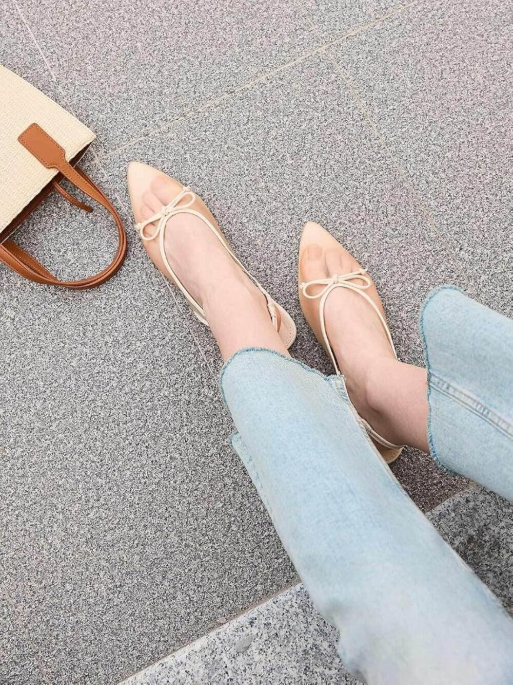 Women's Khaki Slingback Flats Bow Closed Pointed Toe Mesh Ballet Flats Low Heel - Picture 3 of 6